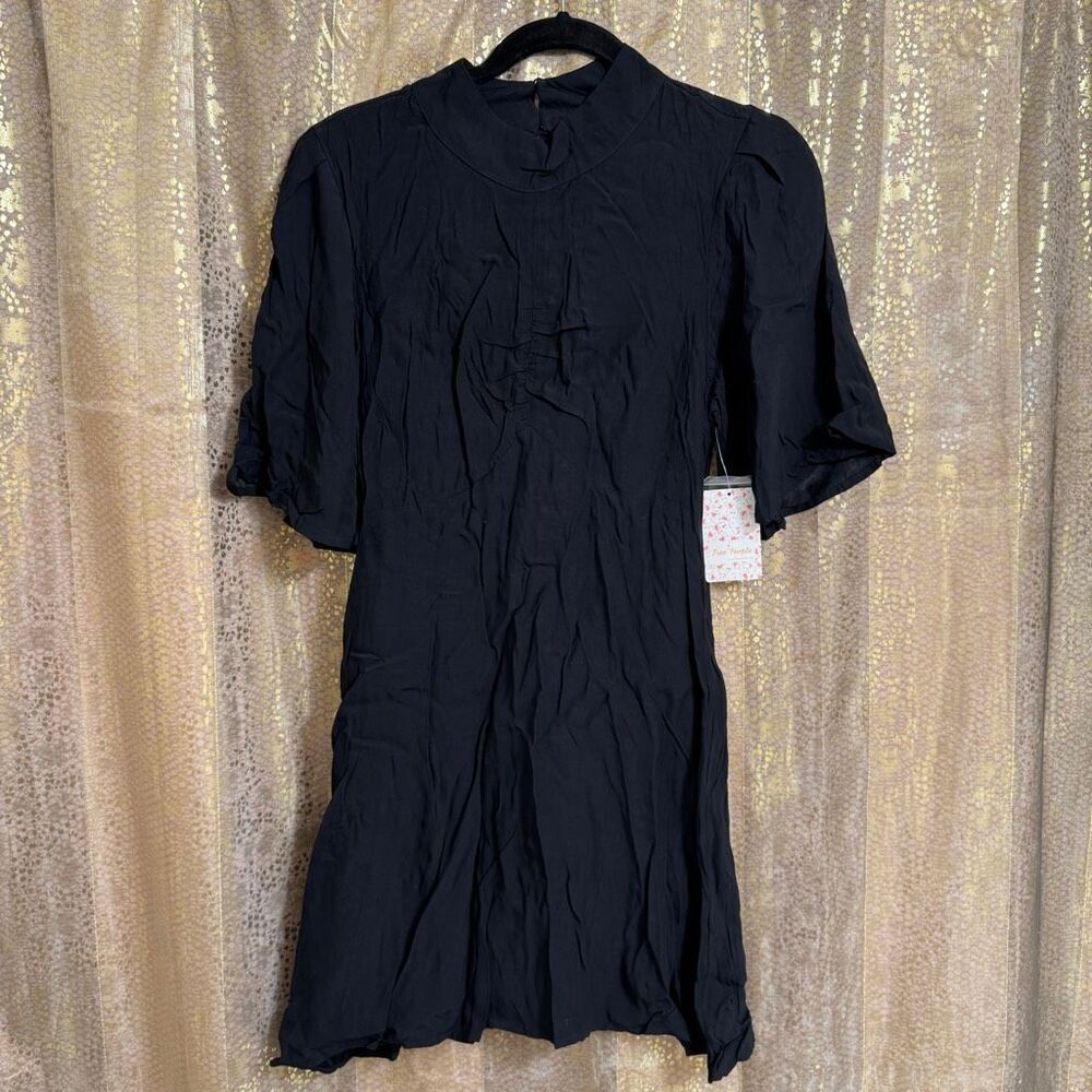 Free People Be My Baby Solid Black Button Back Mini Dress 10 NWT